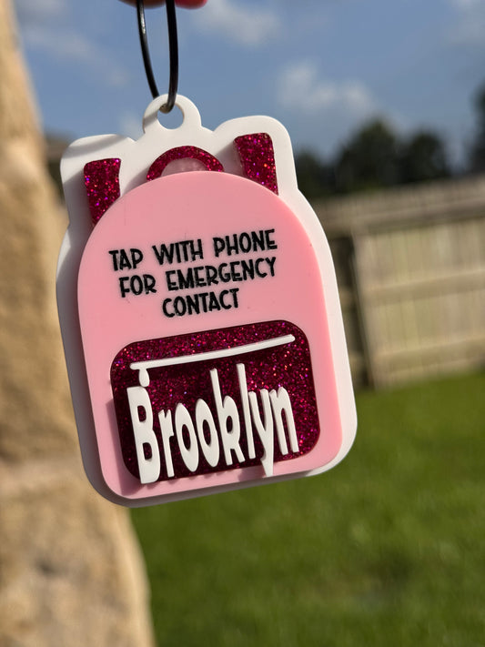 Emergency contact backpack tag, bag tag, book bag tag, scan tag, NFC tag, safety, school name tag, bag tag with name,